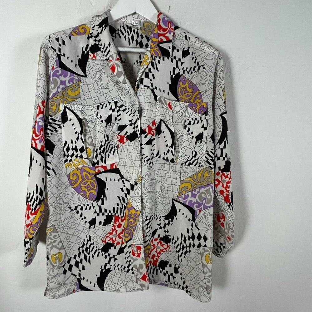 Jac Dale Women's Geometric Print Long Sleeve Collared Blouse White/Black 8